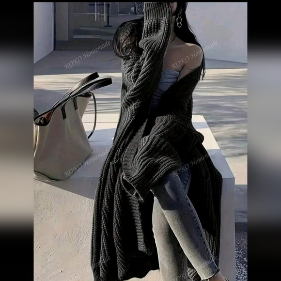 Solid Open Front Loose Knit Cardigan, Casual Long Sleeve Long Length Sweater Wit - Picture 3 of 5